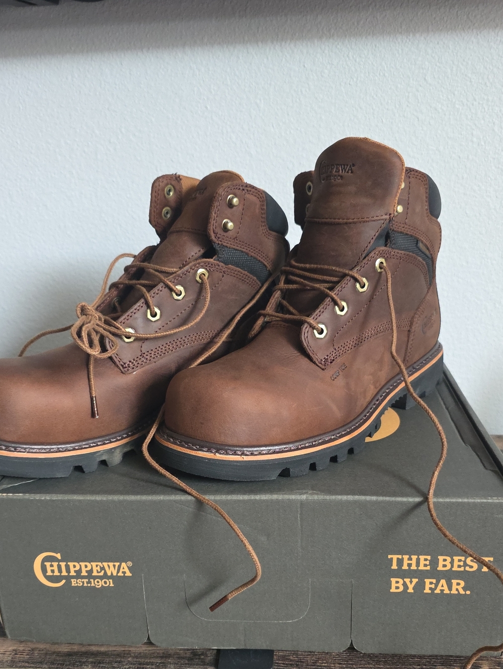 Chippewa Brown Leather Work Boots with Gold Eyelets
